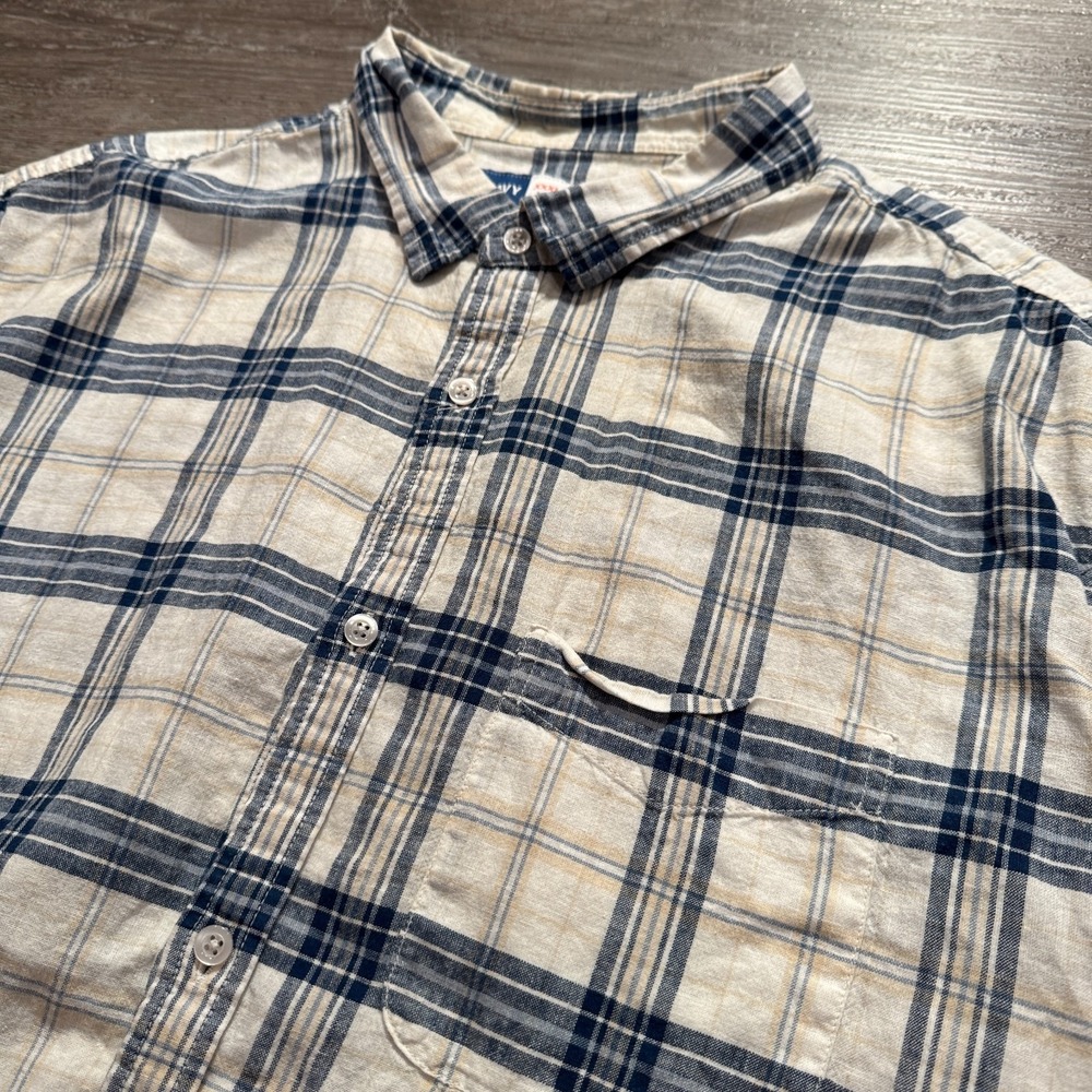Old Navy Shirt Mens XXXL Blue Plaid Linen Blend Vacation Preppy Summer Casual